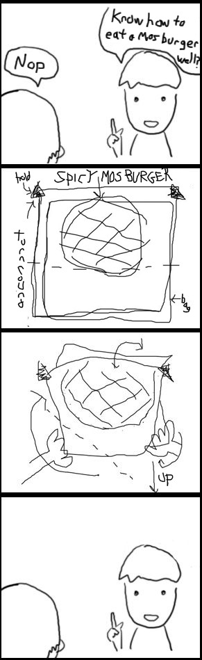 Panel 1: A person holding up their index finger speaks to a person whose head is seen from behind. 'Know how to eat a Mos burger well?' 'Nop' Panel 2 and 3 are the diagrams provided earlier. Panel 4: The same as Panel 1, but with no dialogue.