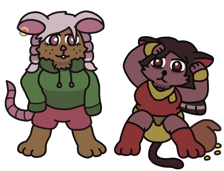 A brave anthropomorphic mouse girl looking at a cowering anthropomorphic cat girl. The mouse stands firmly with a kind smirk, and wears an oversized hoodie with sleeves that go past her paws. The cat is on the ground with her knees up and tail literally between her legs, shielding her head with her arms in a mix of confusion and terror. She wears thief-like garb with fingerless gloves and a scarf, and next to her is a small bag full of gold coins. A brave anthropomorphic mouse girl looking at a cowering anthropomorphic cat girl. The mouse stands firmly with a kind smirk, and wears an oversized hoodie with sleeves that go past her paws. The cat is on the ground with her knees up and tail literally between her legs, shielding her head with her arms in a mix of confusion and terror. She wears thief-like garb with fingerless gloves and a scarf, and next to her is a small bag full of gold coins.