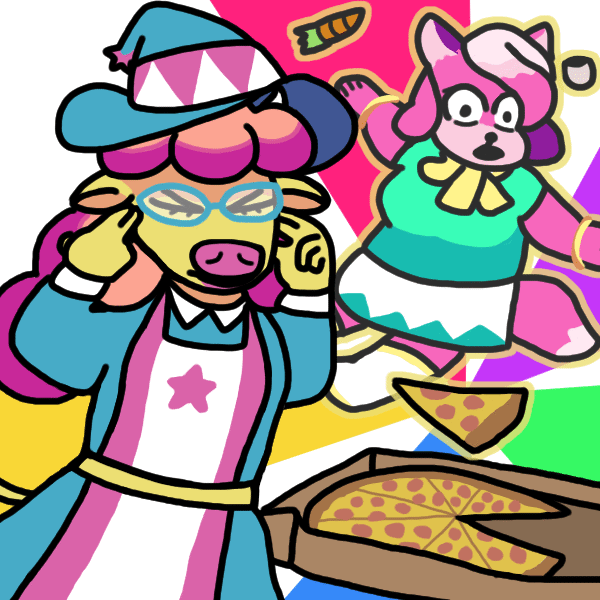 Claire Higsby (a cow woman with a witch hat) standing in front of a pizza box, shutting her eyes and concentrating very hard with her fingers to her head, making a slice levitate (ala the meme). Colorful rays radiate from the slice, and in the background, a shocked Melody Amaranth (a pink fox woman) also floats in the air alongside an single carrot and most of an egg.