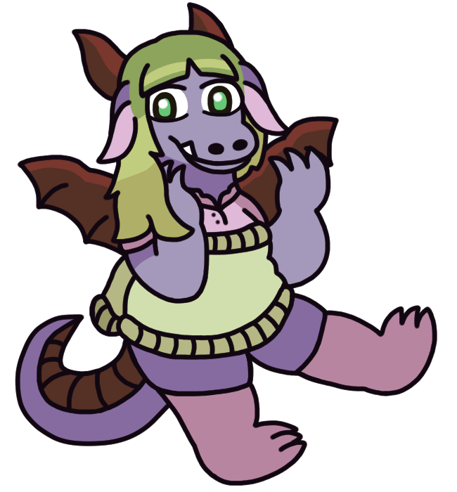 An anthropomorphic dragon woman looking at the viewer with a playful protruding-tooth smirk, brushing her neck with a clawed hand and kicking up her leg. She wears a fluffy sweater over her top, pulled down low with the sleeves hanging loose beside her.