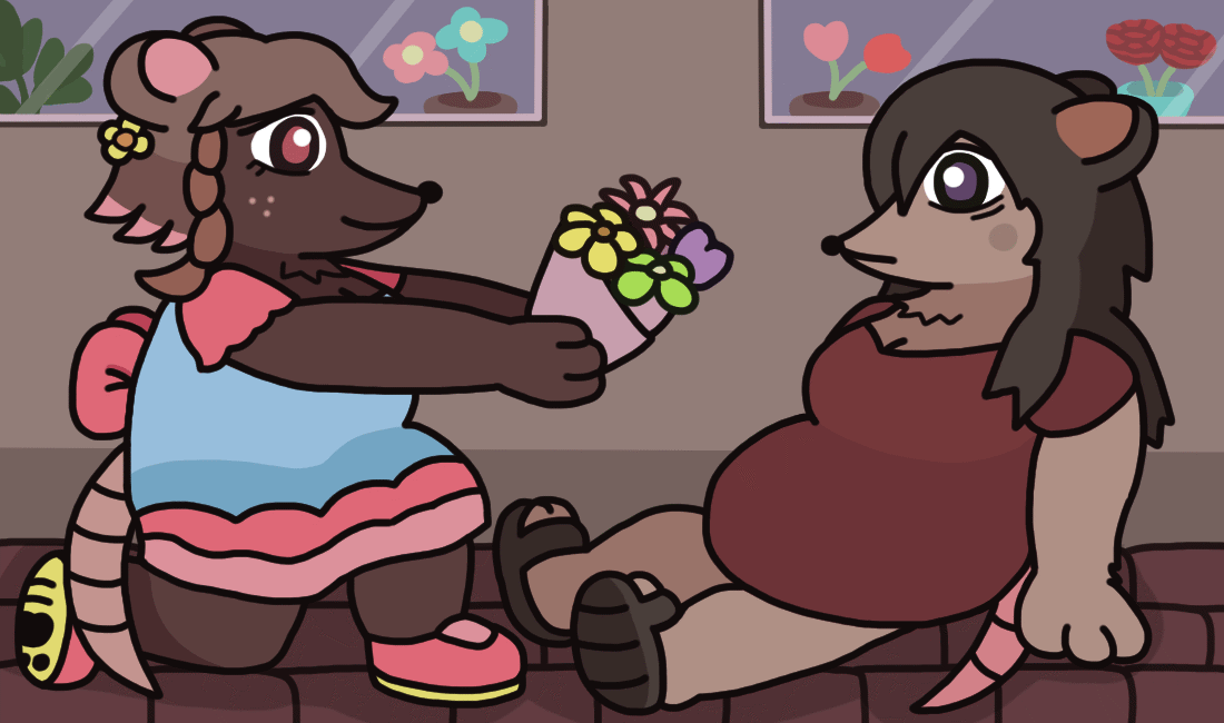 An anthropomorphic rat woman kneeling down to hold out a bouquet of flowers to another rat woman fallen to the ground, who stares at it in stunned surprise. The two are out on a sidewalk, with flowers from the first woman's flower shop visible through the windows behind them. The florist has a small flower in her hair beneath her ear, a bright blue and pink dress, a large bow on her back, and sneakers. The other woman has unkempt black hair, a dull red dress, and sandals. An anthropomorphic rat woman kneeling down to hold out a bouquet of flowers to another rat woman fallen to the ground, who stares at it in stunned surprise. The two are out on a sidewalk, with flowers from the first woman's flower shop visible through the windows behind them. The florist has a small flower in her hair beneath her ear, a bright blue and pink dress, a large bow on her back, and sneakers. The other woman has unkempt black hair, a dull red dress, and sandals.