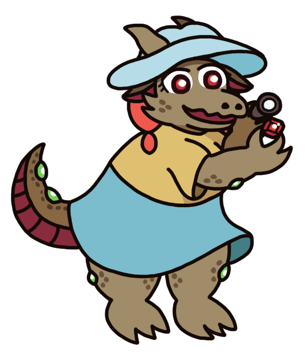 A kobold-like woman holding a red gem carefully in her claws and excitedly examining it with a loupe. She has green gems embedded into her skin in various places, and dark scaly spots. She wears a big floppy hat which her horns stick out through, and a swishy light-blue dress.