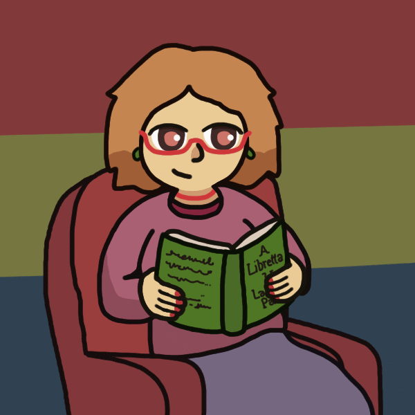 A drawing of Kay from Libretta sitting in a chair, reading a book titled Libretta. She wears red-framed glasses and green earrings.