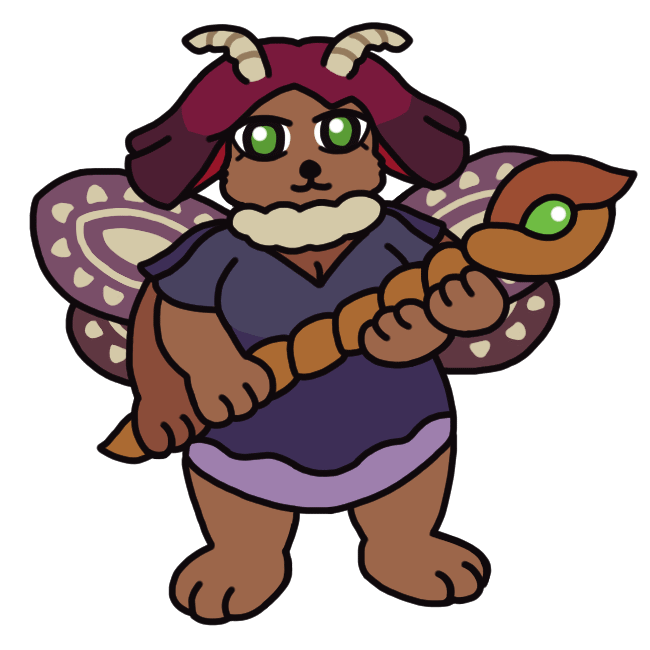 An anthropomorphic moth woman with four arms, gripping a large magic staff with all of them. Her hair fans out to the side dramatically as she stands firm. Her wings have an eye-like pattern surrounded by markings.