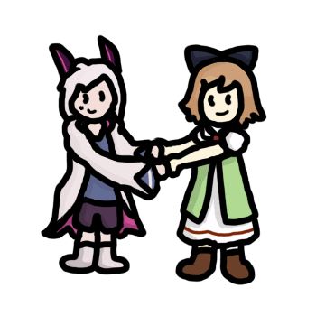 Nanashi from 1bitHeart and Pia from Faraway Story smiling and taking each others' hands. Nanashi from 1bitHeart and Pia from Faraway Story smiling and taking each others' hands.