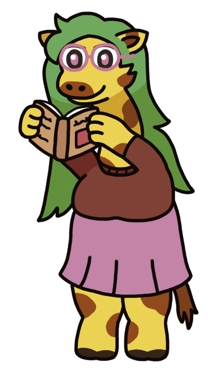An anthropomorphic giraffe woman with big round glasses, holding a book up high to read it due to her long neck. She has yellow fur with brown spots all over, and hair long enough to reach down her neck to her back.