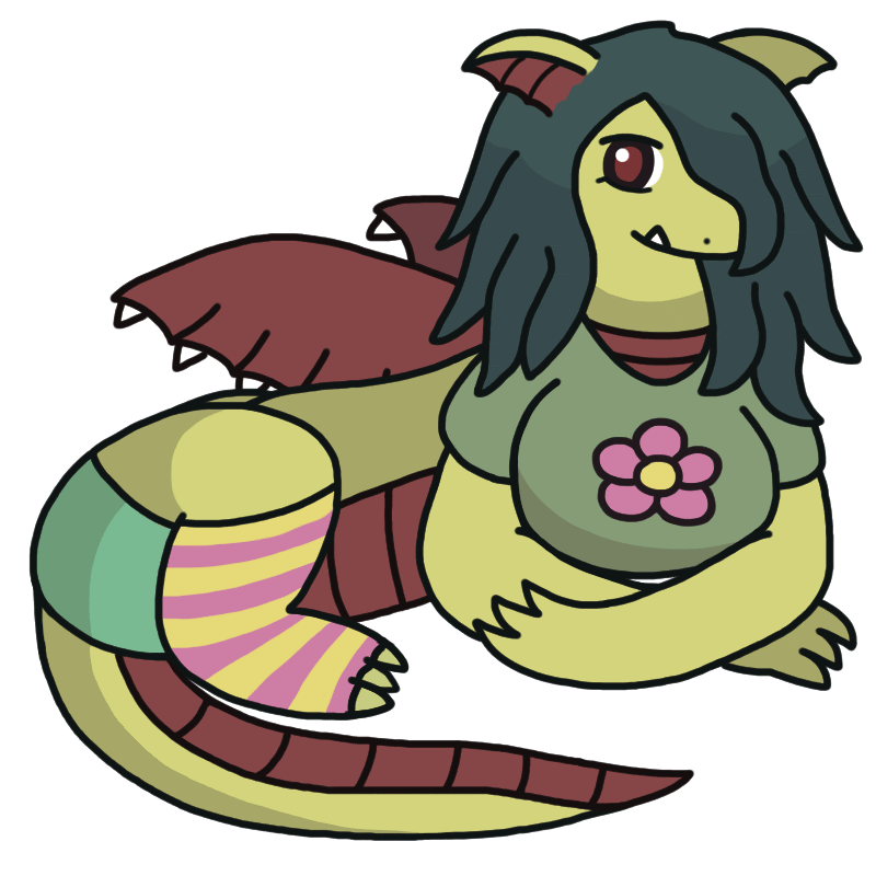 An anthropomorphic dragon girl with a long torso lying down relaxed, her elbows resting on the ground and her hind legs up. She has long unkempt dark hair with a bang that covers one eye and hangs over her snout, and she wears a T-shirt with a flower on it, and striped socks with holes for her clawed toes.