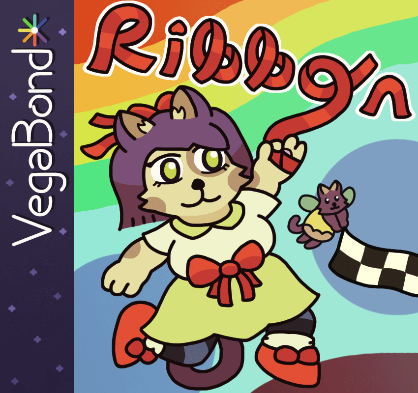 Fictional boxart for the game "Ribbon the Cat," featuring the titular anthropomorphic cat girl, whose design is akin to a Sonic character. She's leaping and swinging out a red ribbon wrapped around her paw, which curls to form the "o" in the "Ribbon" logo (the other letters also being made from ribbons). Ahead of her hovers a tiny cat with fairy wings and a dress, holding up one end of a checkered goal tape. There's a vivid wavy rainbow in the background, and the left stripe on the box has a starry blue background and a "VegaBond" logo. Fictional boxart for the game "Ribbon the Cat," featuring the titular anthropomorphic cat girl, whose design is akin to a Sonic character. She's leaping and swinging out a red ribbon wrapped around her paw, which curls to form the "o" in the "Ribbon" logo (the other letters also being made from ribbons). Ahead of her hovers a tiny cat with fairy wings and a dress, holding up one end of a checkered goal tape. There's a vivid wavy rainbow in the background, and the left stripe on the box has a starry blue background and a "VegaBond" logo.