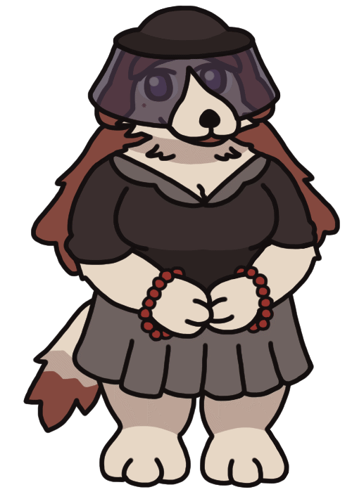 An anthropomorphic dog woman wearing a dark translucent veil that covers her eyes, but parts such that her slightly smiling snout sticks through. She wears muted gray clothing, has rosary beads around her wrists, and long brown hair spills behind her.