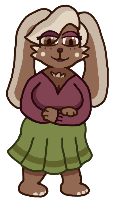 A smug-looking anthropomorphic bunny woman with big hanging ears.