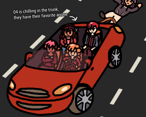 An aerial view of Unit 03 from Spare Parts driving a red convertible with a devious look of glee. Killie sits in the seat next to her, Lucy and Unit 01 sit in the back seats, and Unit 02 is being dragged behind the car, tied to it with a rope around her leg. Also, an arrow points to the back and notes "04 is chilling in the trunk, they have their favorite anime"