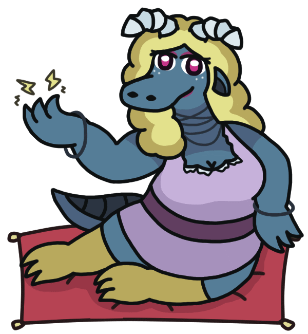 An anthropomorphic blue dragon woman with jagged horns and billowy blonde hair, posing enticingly on a cushion and creating sparks from one of her claws. She wears a gown with a sash, numerous necklaces around her long neck, and loose bracelets on her wrists.