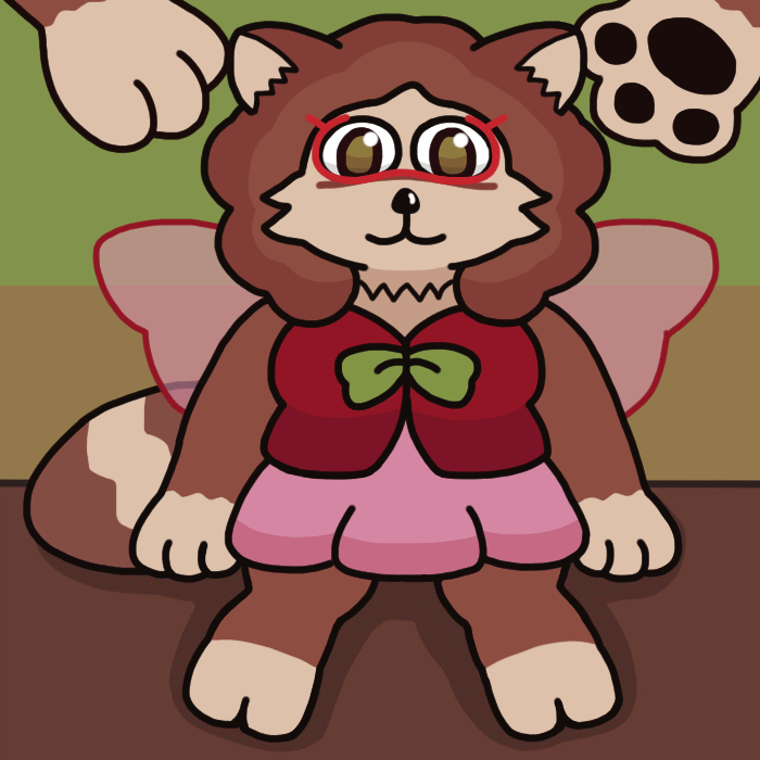 A drawing of a stuffed animal version of my fursona, Velvette, sitting on a table. Compared to the real Velvette, the proportions are a bit more stout, the eyes and nose are shiny and plastic-y, and some fur tufts are simplified to zig-zag patterns. The real Velvette's comparatively large paws hover near the head as if to grab it. A drawing of a stuffed animal version of my fursona, Velvette, sitting on a table. Compared to the real Velvette, the proportions are a bit more stout, the eyes and nose are shiny and plastic-y, and some fur tufts are simplified to zig-zag patterns. The real Velvette's comparatively large paws hover near the head as if to grab it.