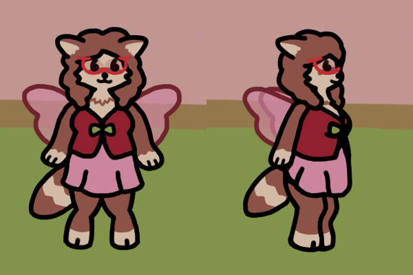 Velvette, a furry creature with floofy hair, cat-like ears, translucent pink wings, a big raccoon-esque tail, and round hooves, shown from both a front view and a side view. Velvette, a furry creature with floofy hair, cat-like ears, translucent pink wings, a big raccoon-esque tail, and round hooves, shown from both a front view and a side view.
